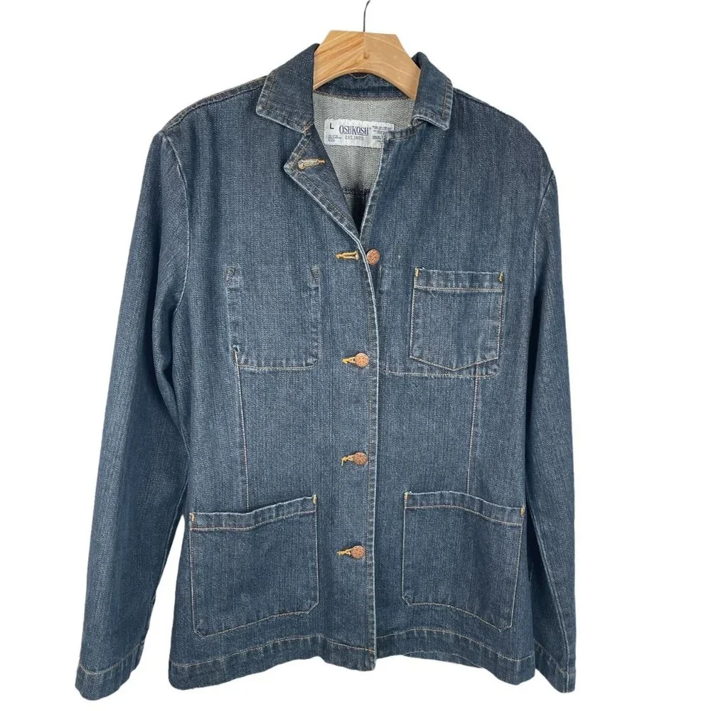 RARE Vintage Oshkosh Dark Denim Chore Barn Coat 90's Utility Workwear LG - Picture 1 of 6